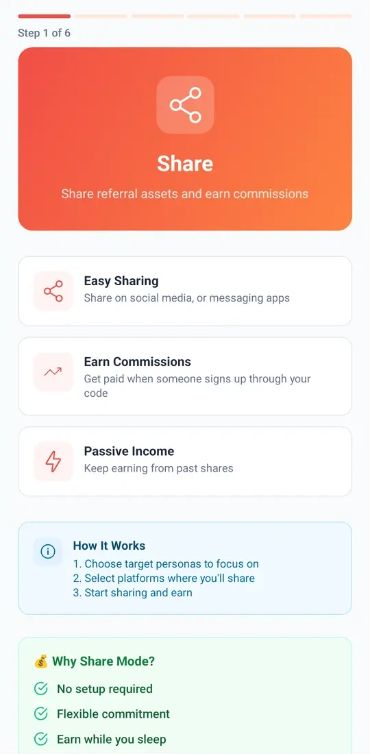 PROearn app onboarding step asking which personas best represent your network